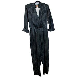 VINTAGE KATIE MFG Medium Black Jumpsuit 80s Pleated Party Houndstooth Rayon